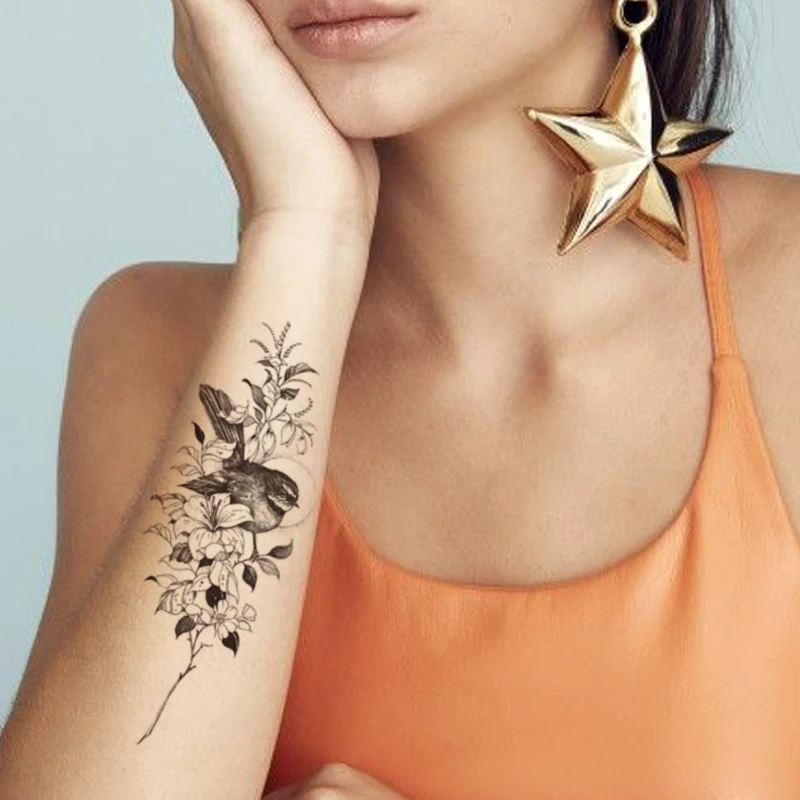 

Temporary Tattoo Stickers Plain Flower Rose Swallow Bird Sun Moon Fake Tattoos Waterproof Tatoos Arm Large Size for Women Girl