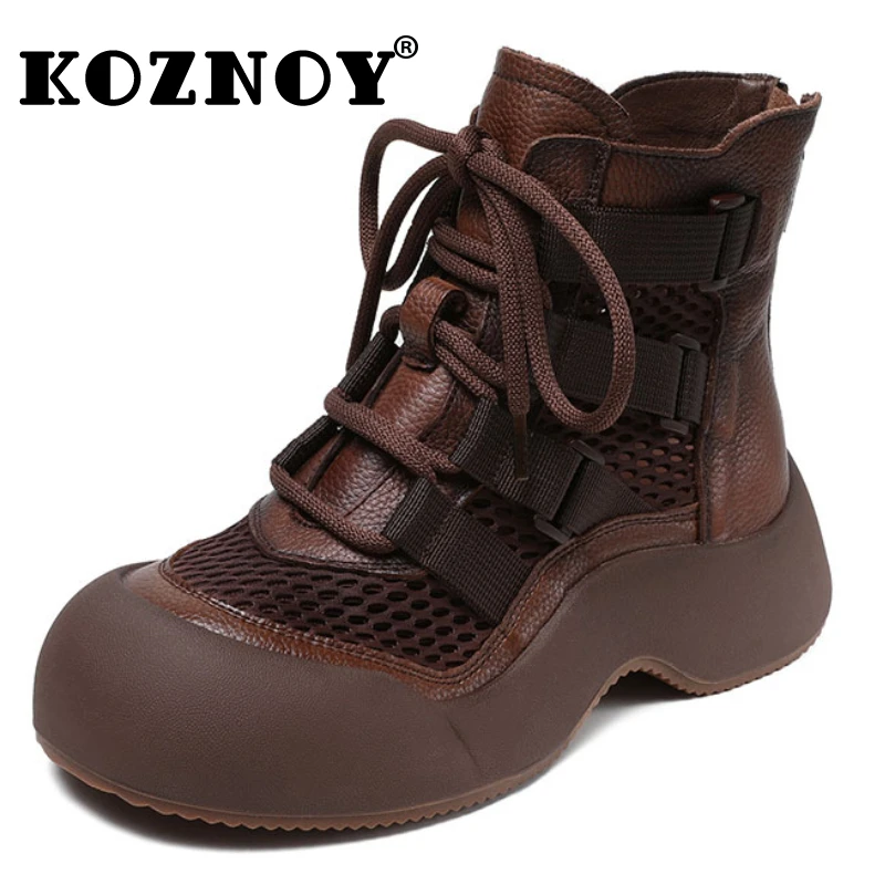 

Koznoy 4cm Air Mesh Genuine Leather Boots Sandals Hollow Ankle Booties Women Chimney Moccasins Fashion Summer Motorcycle Shoes