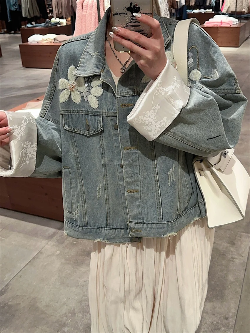 

Джинсовая куртка Alien Kitty Женская свободного покроя, шикарная универсальная верхняя одежда из денима в стиле оверсайз, Офисная винтажная повседневная одежда из денима с цветами, 2024