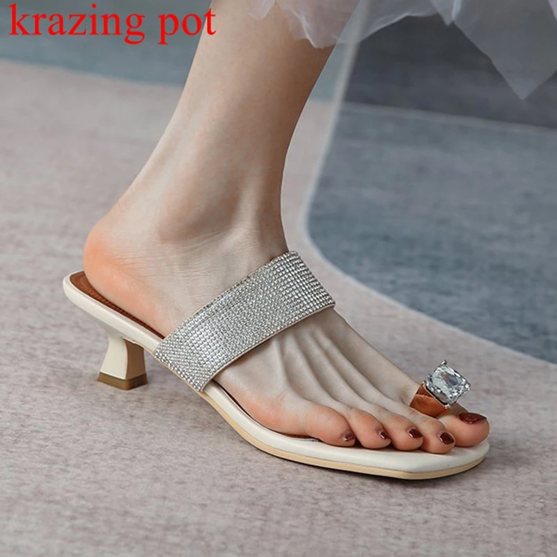 

Мюли Krazing Pot из натуральной кожи, комплект из шлепанцев на среднем каблуке, без застежки, с открытым носком, роскошные сандалии с кристаллами и бисером, лето