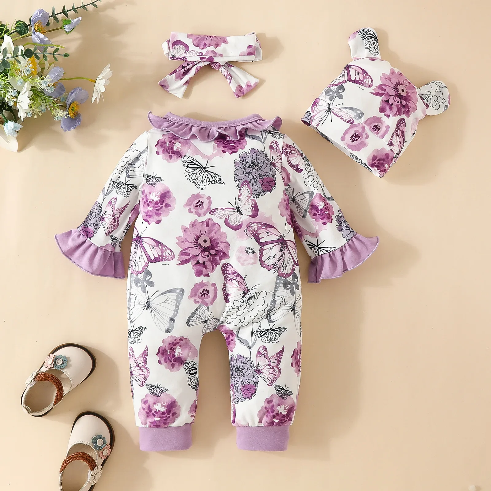 Baby Girl Newborn Onesies Romper 1-18Months Floral Cute Lace Clothing Set with Hat Infant Long Sleeve Cute Tiny Button Jumpsuit 3