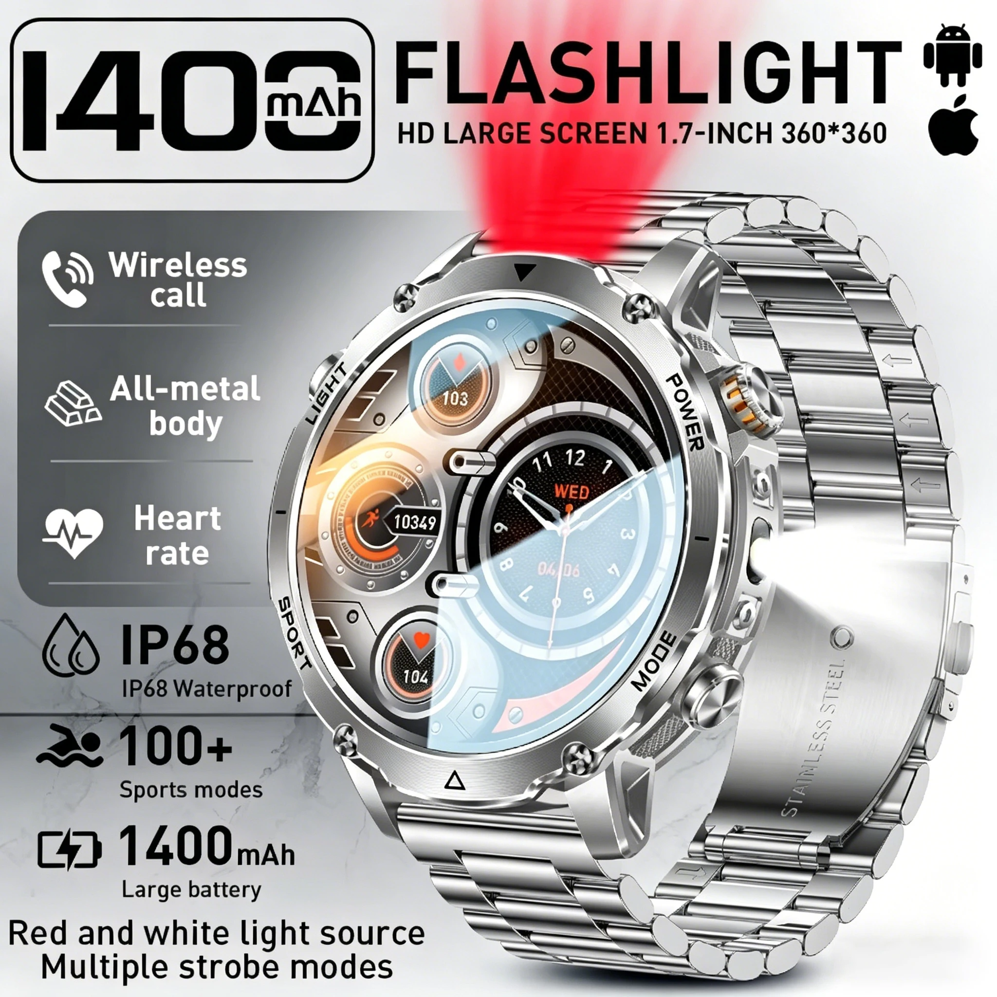 2026 AK106 Ultra 1400mAh Battery GPS Compass Smart Watch IP68 Waterproof Flashlight 1.7" AMOLED HD Call Sports Smart Watch Men 1