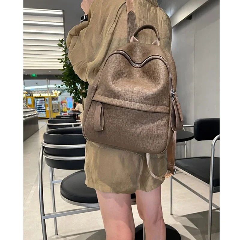 Leisure First Layer Cowhide Leather Women's Backpack White Big