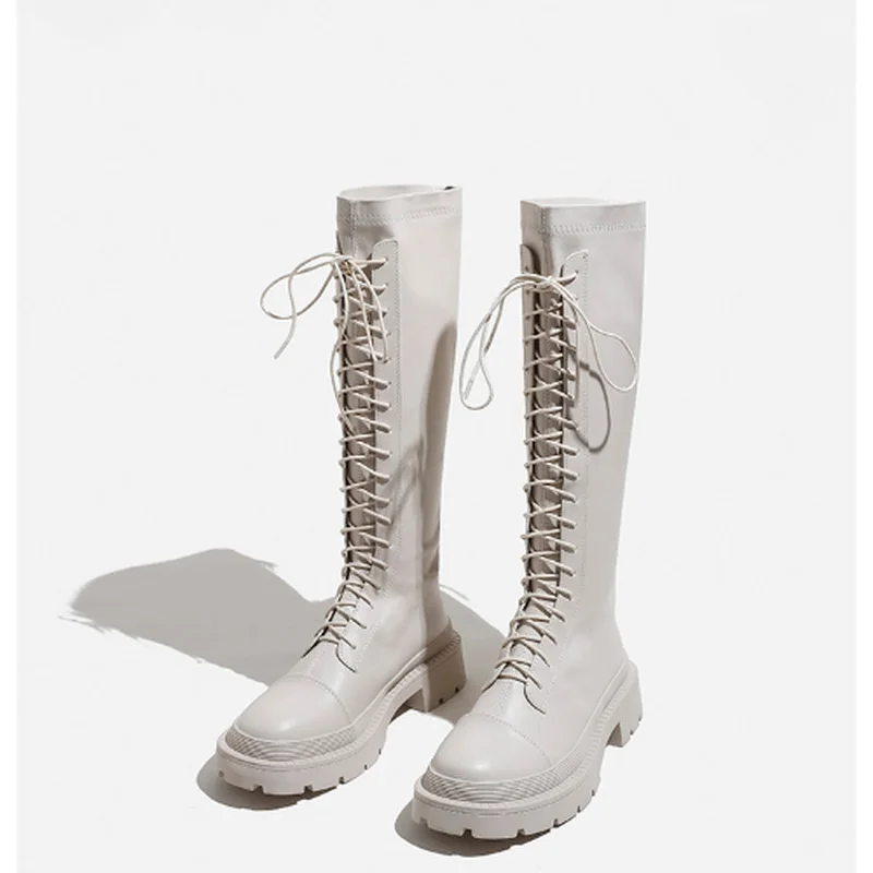 2022 Elegant Ladies Knee-High Boots Lace Up Round Toe Outdoor Female Casual Shoes Cross-tied Zippers Fashion Women Long Boots