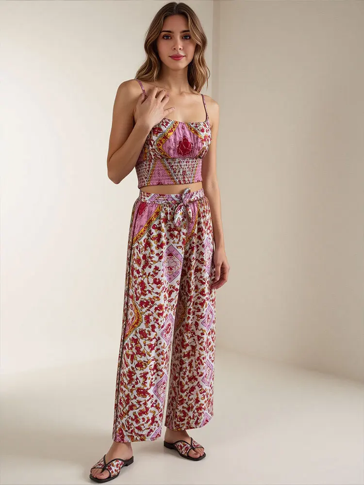 HH Women Fashion Print Pant Sets Sleeveless Strap Top Loose Casual Elastic Waist Trousers 2025 Summer Lady Bohemian Outfits
