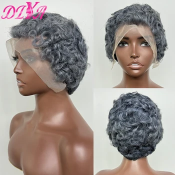 13x4 Transparent Lace Frontal Wig 180% Density Gray Color Short Pixie Cut Curly Wave Human Hair Wigs for Black Women 6 Inches 1