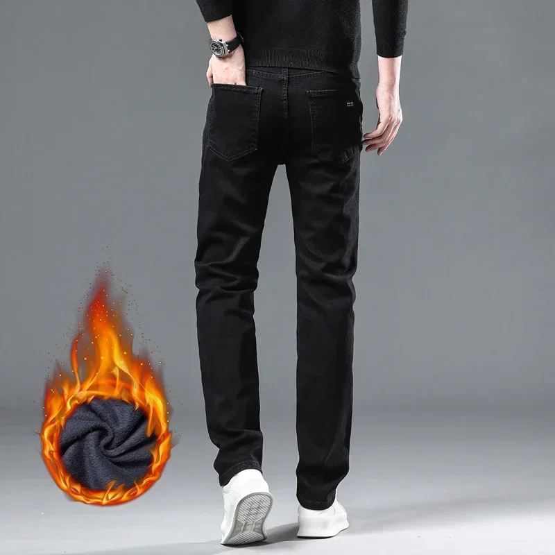 Denim Pants Trousers for Men Winter Black Straight Stretch Thick Velvet Warm Jeans Casual Fleece Line Male Plus Size 40 denim pants denim trousers