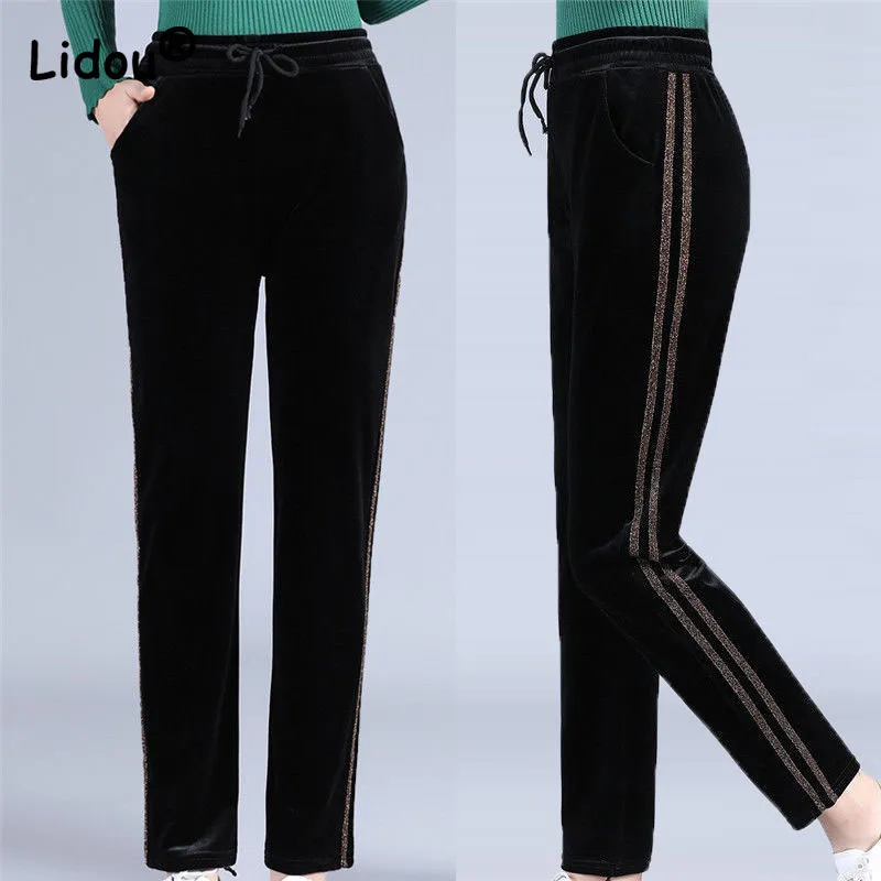 Side Stripe Bright Line Decoration Golden Velvet Comfortable Women Pants Drawstring Waist Black Loose Leisure Plus Size Flexible 12v 5m smd 2835 high bright white warm white red green blue flexible led strip tape ip20 ip65 120 leds m 240 leds m light bar