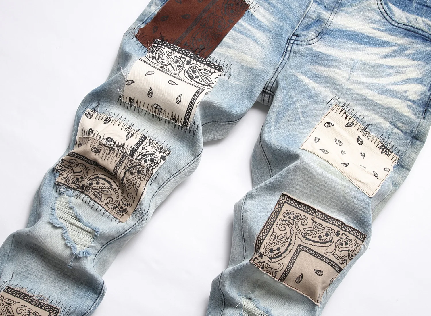 Light jeans men Europe and America embroidered holes patchwork color patch hipster pants small feet AM 