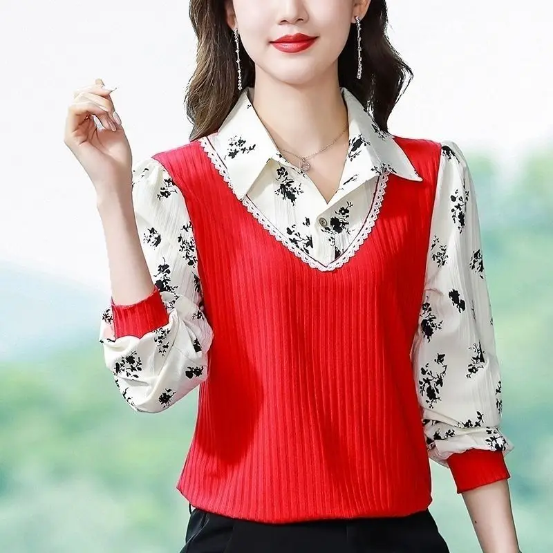 

Autumn Women's Printed Spliced Fashion Polo-Neck Blouse New Elegant All-match Long Sleeve Fake Two Pieces Shirt Female Clothing