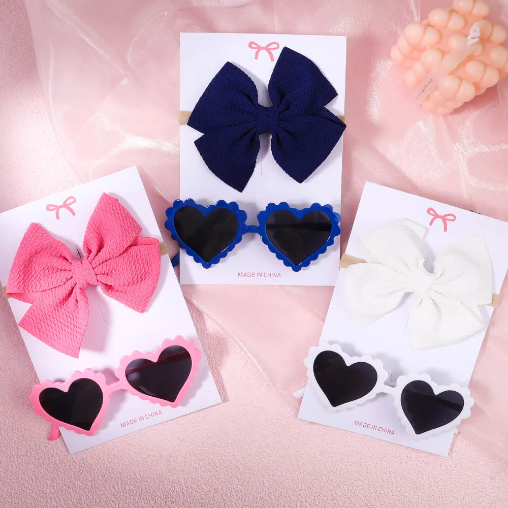 2pcs/set Infant's Retro Solid Color New Children's Sunglasses Bow Headband Set Ultraviolet-proof Heart Glasses Eyeglass for Kids