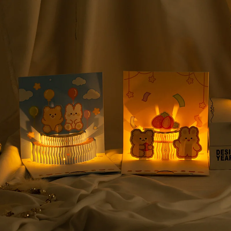 Light Music 3D Greeting Card Pop Up Cartoon Bear Cake Greeting Card Party Gifts Surprise Blessing Envelope Happy Birthday greeting cards