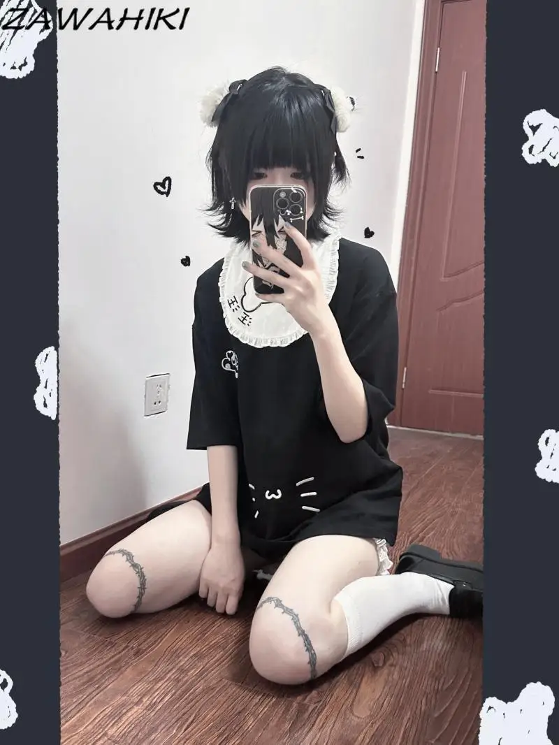 

Футболка женская в японском стиле, милая Свободная рубашка с вышивкой, с коротким рукавом, в стиле пэчворк, контрастных цветов, Y2K, на лето