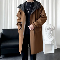 Autumn Trench Coat Men Windbreaker Hooded Jackets Harajuku Pocket Overcoat Men Clothing Outerwear Fashion Streetwear