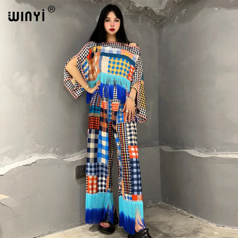 

Комплект из двух предметов WINYI Africa для женщин, свободное платье с богемным принтом, женский эластичный брючный комплект до пола с кисточками