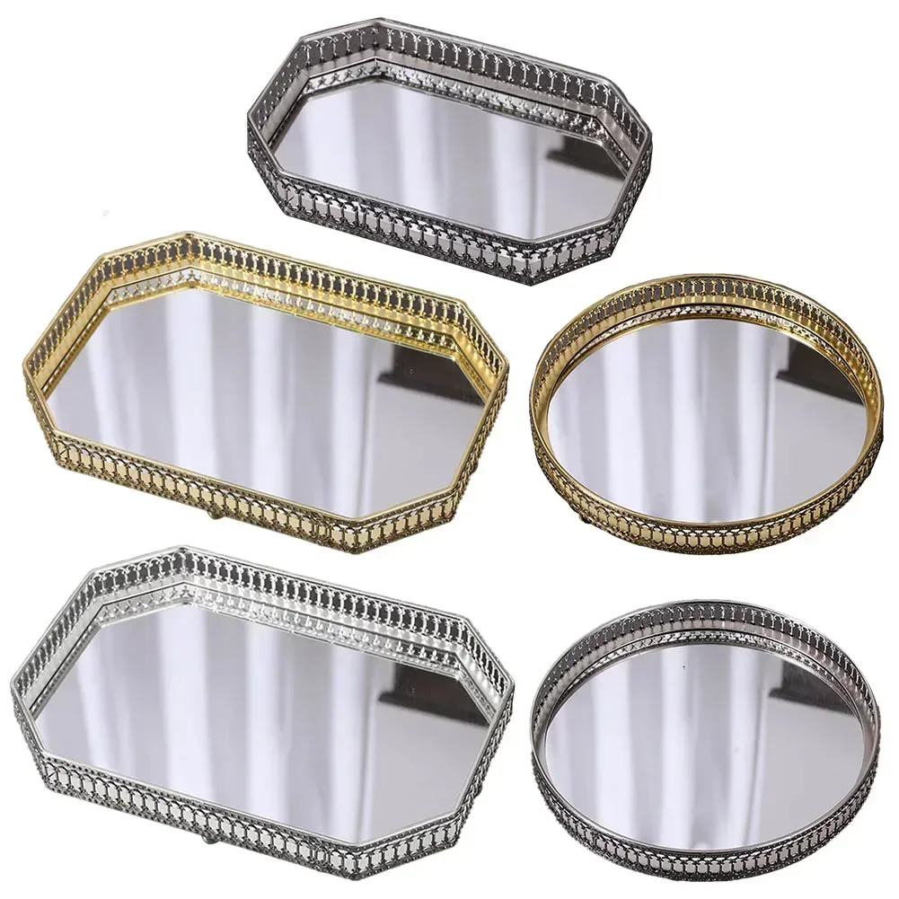 Vintage European mirror glass metal storage tray gold rectangle/round fruit plate desktop small items jewelry display tray plate