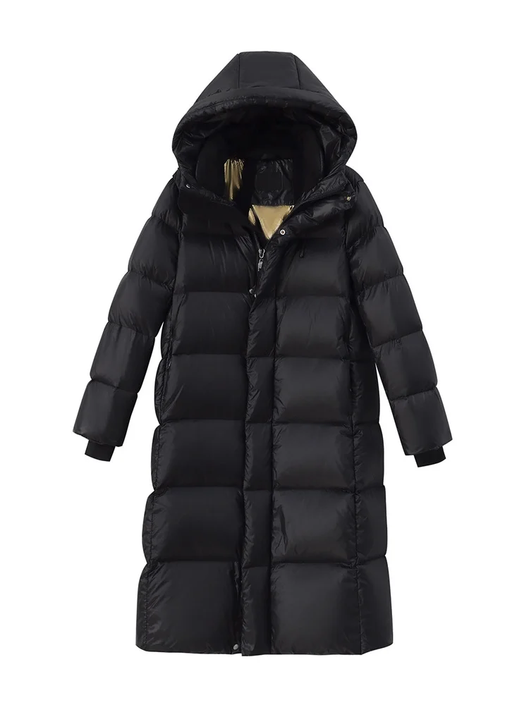 

White Goose Down Jacket Black Long High Quality Temperament Hooded Parkas Coat 2023 Winter New Fashion Loose Thick Warmth Coats