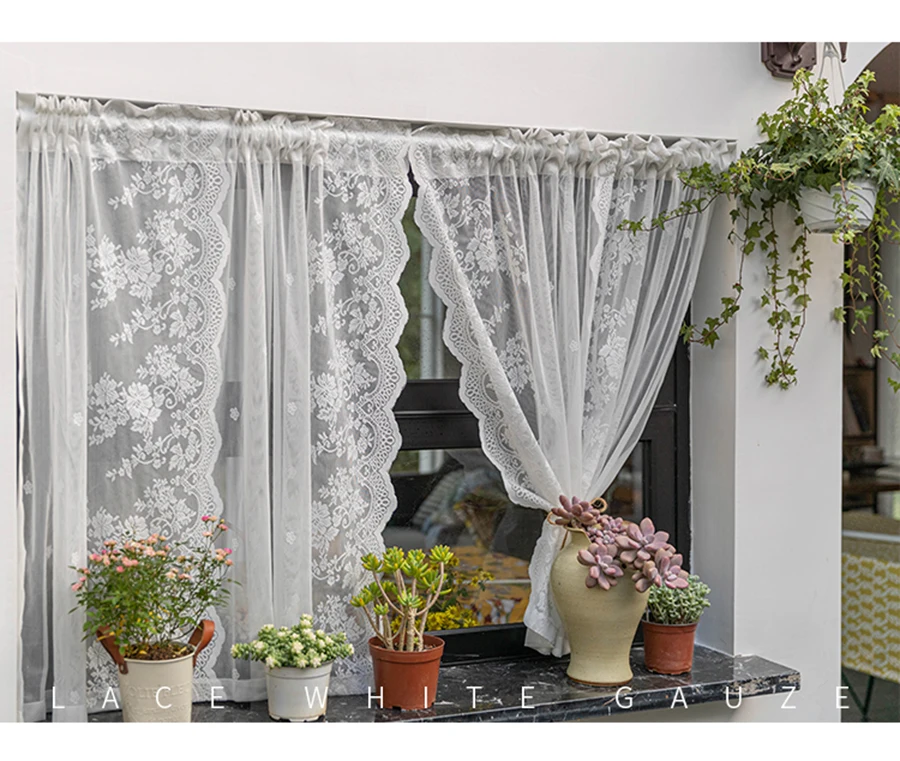 Description Picture 2 of itemWhite Lacework Wave Half Curtains for Living Room Multipurpose Partition Short Sheer for Valance Kitchen Door Window Drapes