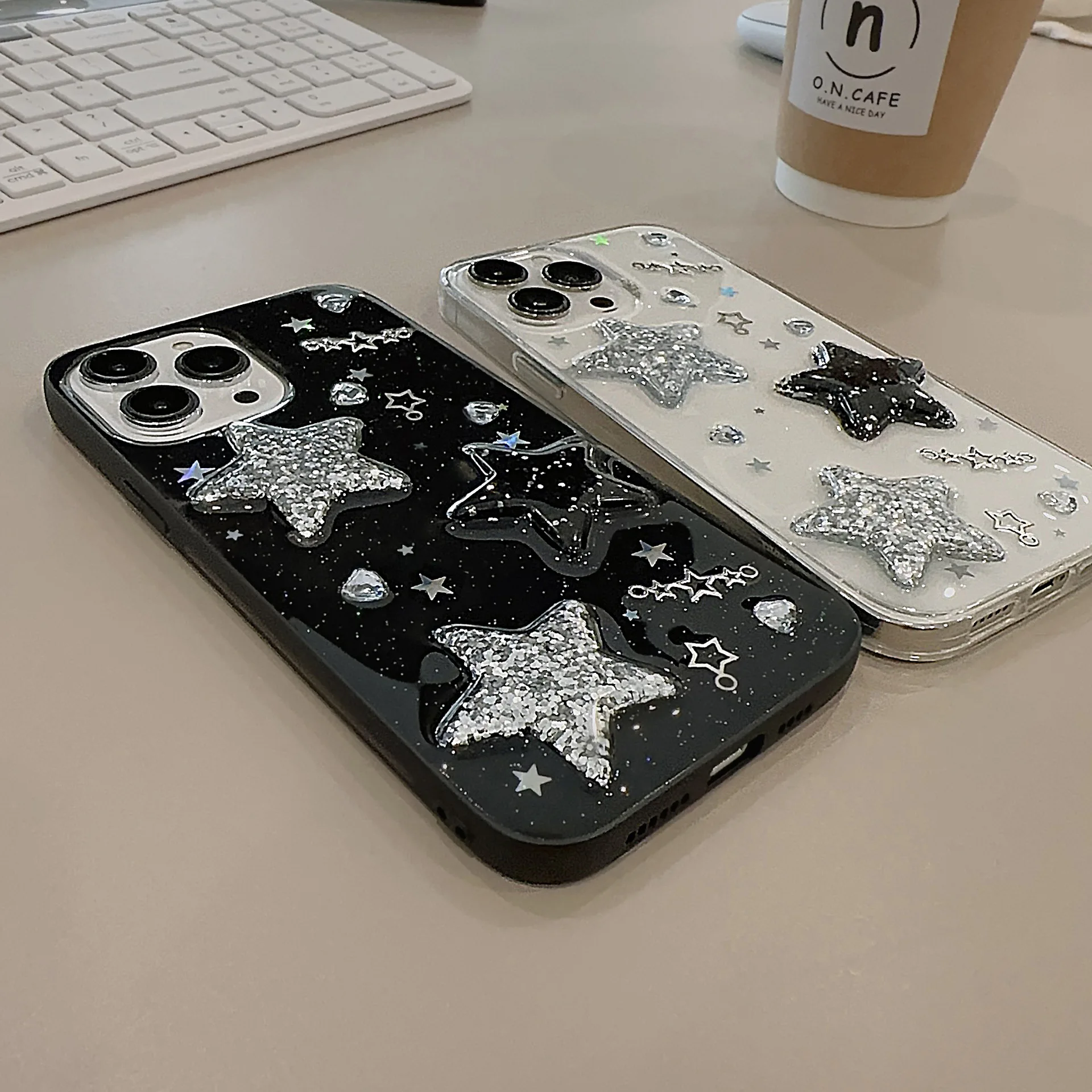 Starry Glitter Phone Case: Transparent Black with 3D Stars and Rhinestones
