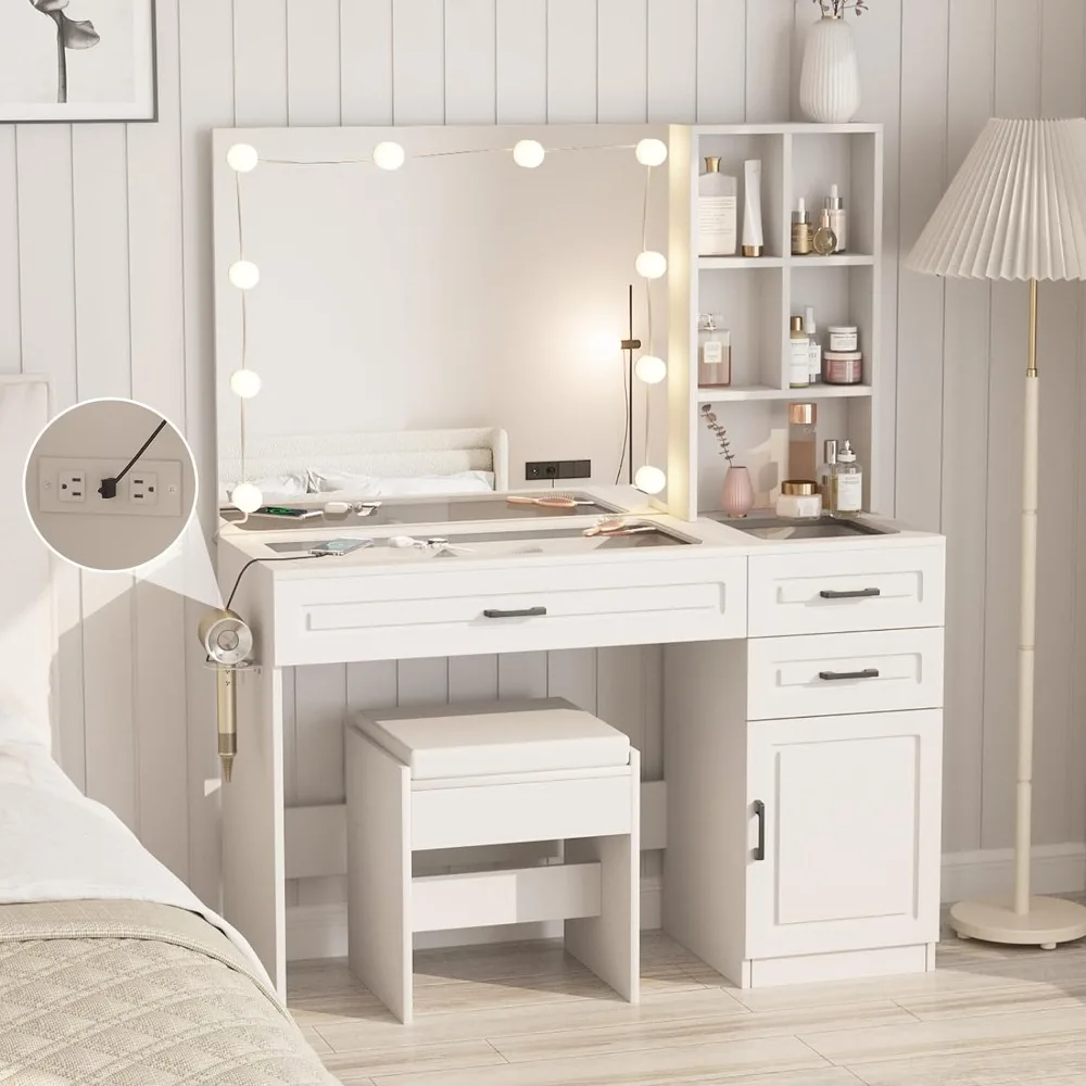 

Fameill Vanity Desk with Lighted Mirror & Power Strip,Large Vanity Table with Glass top and Lots Storage,3 Drawer Makeup Desk