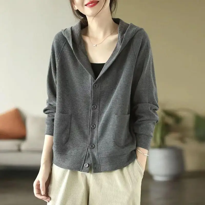 Long Sleeve Hooded Sweatshirt Women Jacket Spring Autumn Thin Streetwear Single-breasted Loose Outerwear Korean Fashion Coat