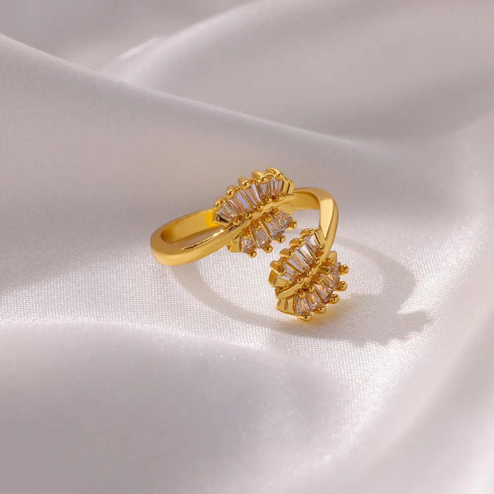 Zircon Hug Leaf Rings Women Stainless Steel for Wedding