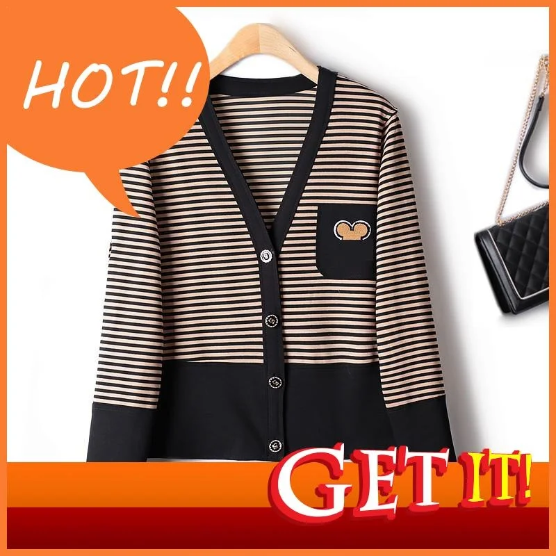 

Jacket Woman 2023 Sweet Autumn Korean Fashion Short Sleeve Classic Pinstripe Cartoon Figure Long Sleeve Air Cotton Cardigan Coat