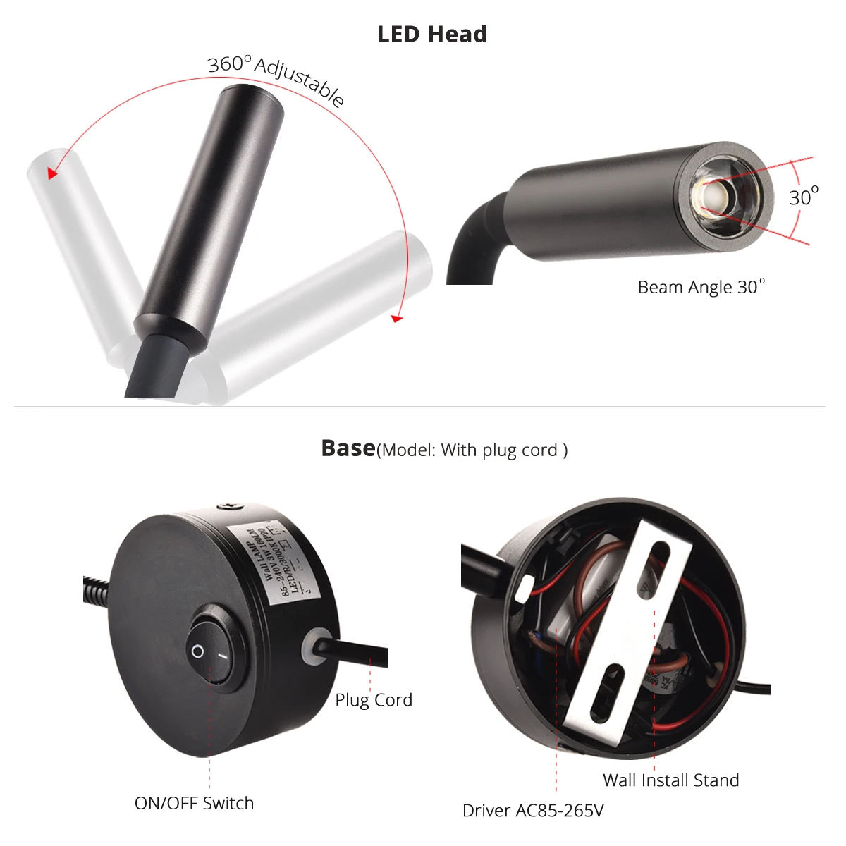 LED Wall lamp 3W For Bedside Study Reading Book Lamp Black Silver White wall light EU US Plug Cord 2pcs led wall lamp,wall sconces light,wall lamp