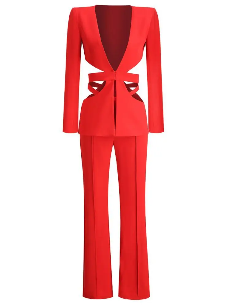 Tesco Red Sexy Women Suit Blazer And Pants V-Neck Hollow Out Jacket Casual Wide Leg Pants For Club Party Holiday blazer mujer