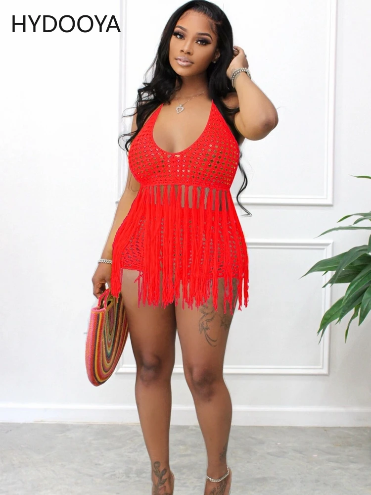 Handmade Crochet Bikini Cover Up Transparent Tassels Knit Top High Waist Short Bikini Swimsuit Women Bathing Suit Beach Cover-up
