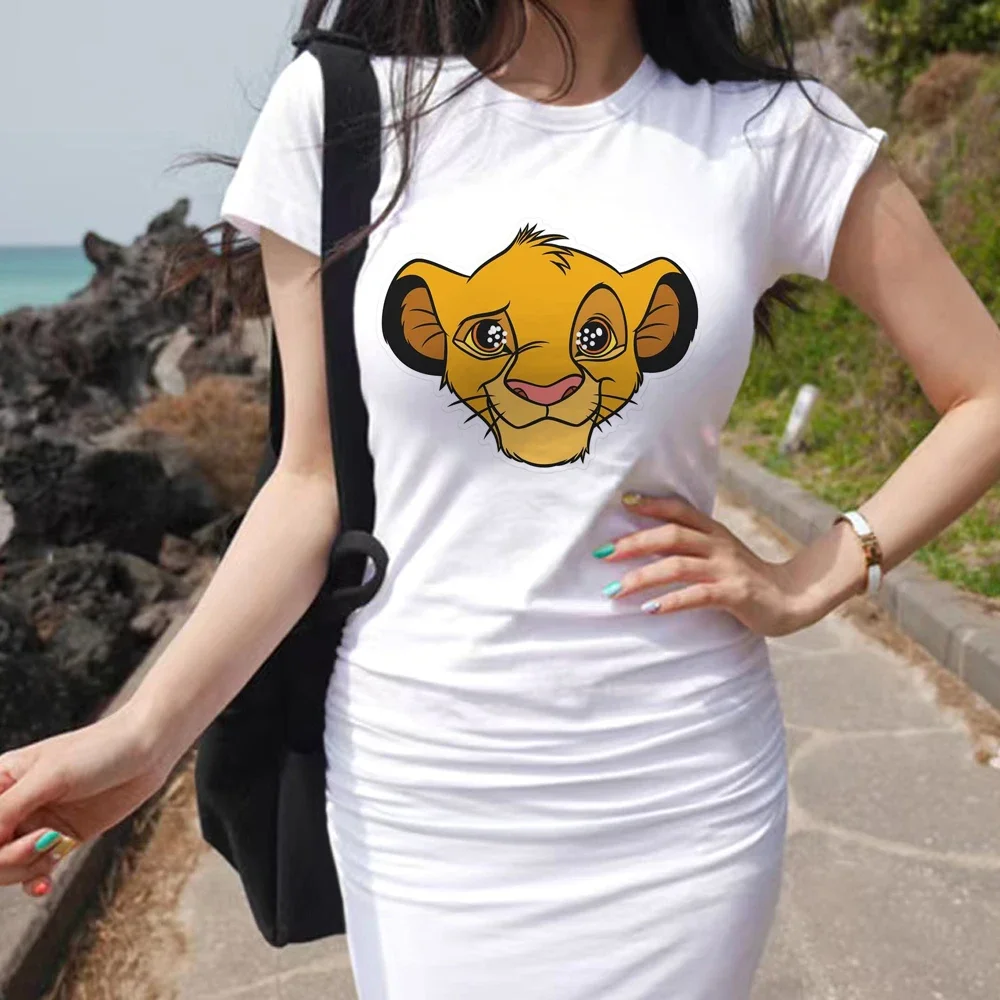 Disney Brand Summer Women'S New Coreano Temperament Lion King Print Dress Sezione A Maniche Corte In Vita Stretto Sexy Bag Hip Dress