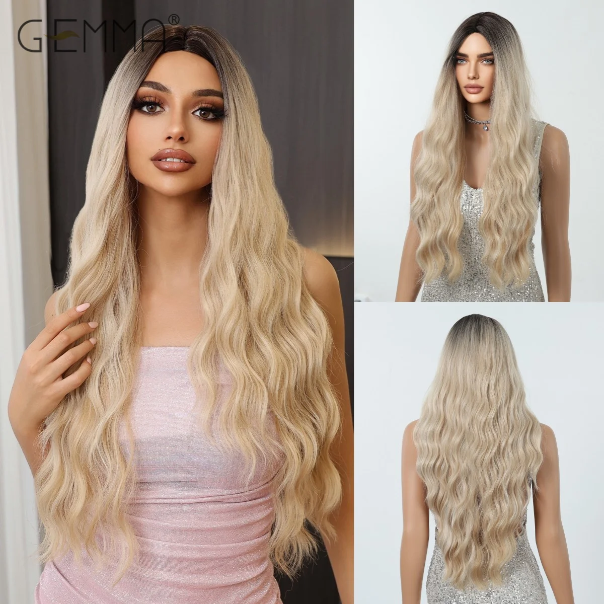 Synthetic Long Curly Wig Light Blonde Ombre Deep Wave Hair Wig with Bangs for Women Cosplay Middle Part Heat Resistant Hair