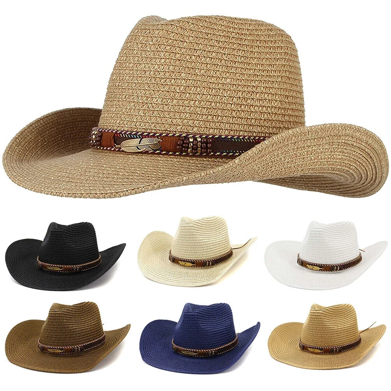 

Western Straw Cowboy Hat Men Women Summer Outdoor Seaside Beach Hat Fashion Solid Color Big Brim Sun Hat Fishing Cap Unisex