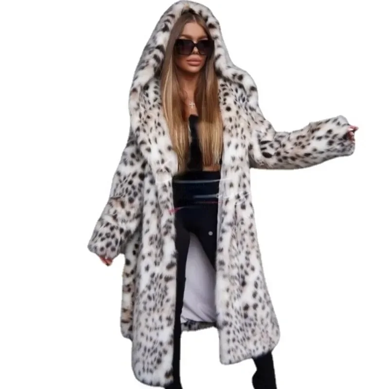 

2024 Women Overcoats Winter Long Belted Leopard Faux Fox Fur Warm Thick Coat Ladies Stylish Street Fashion Fluffy Fox Fur Jacket