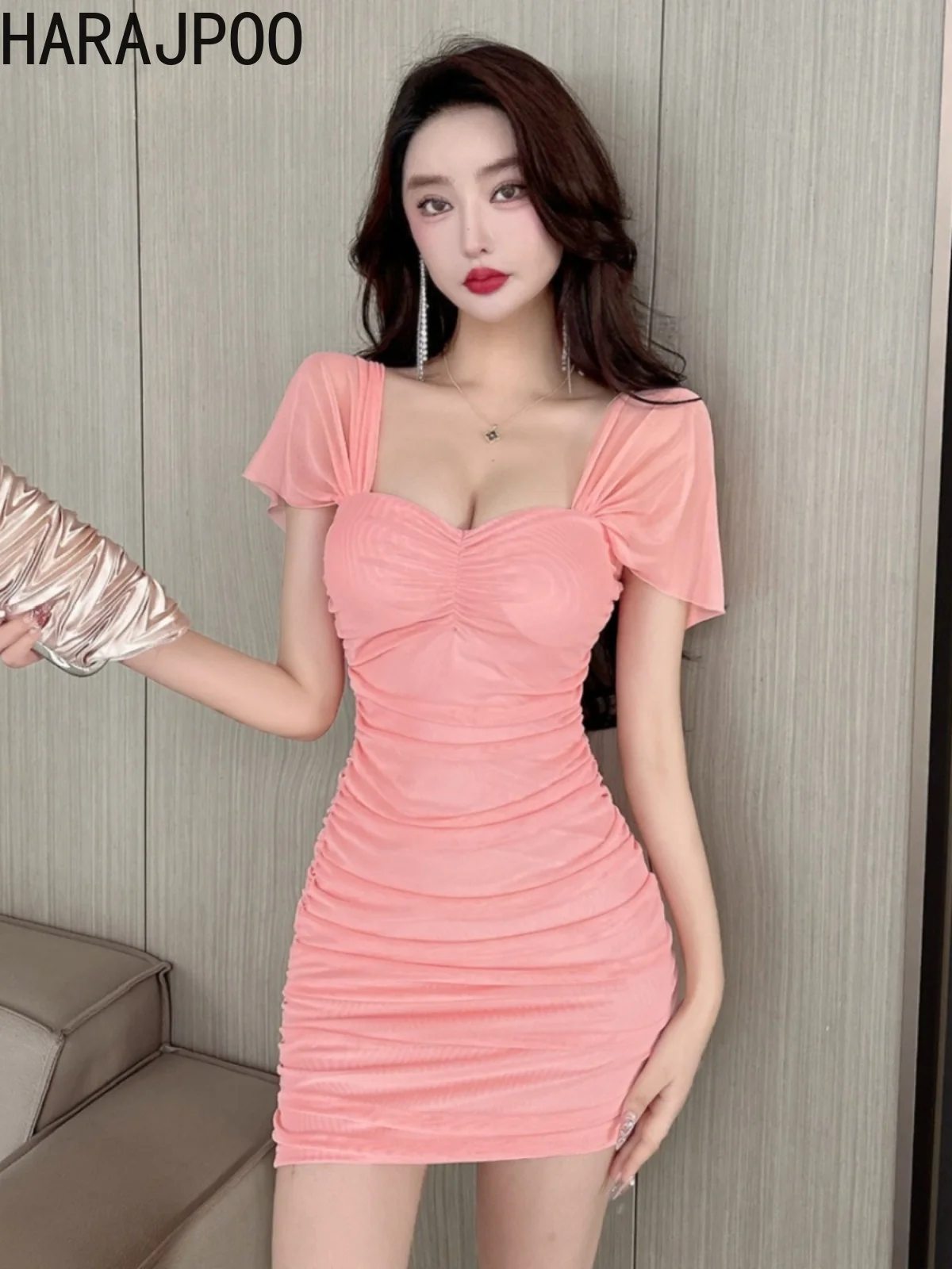 

Модное сексуальное Сетчатое платье Harajpoo с открытой шеей и глубоким вырезом, французское минималистичное женское облегающее короткое платье в складку для ночного клуба