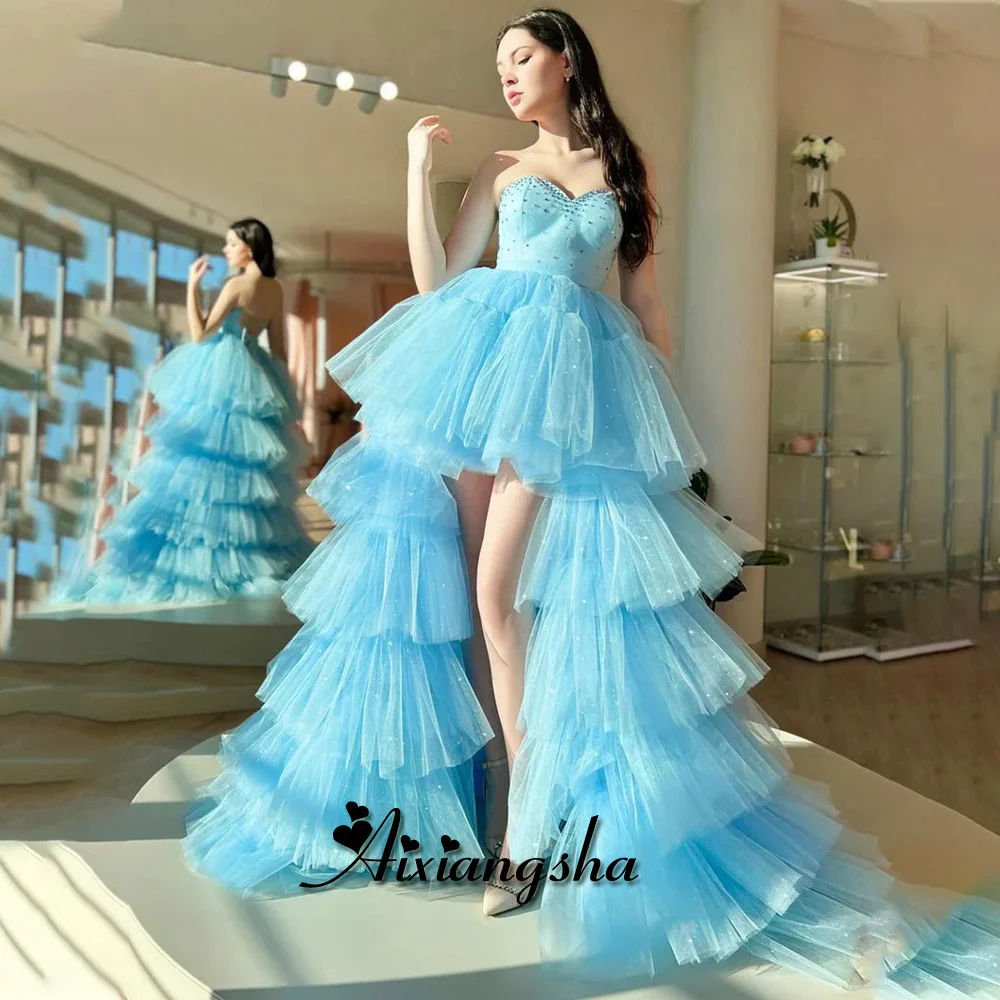Aixiangsha Graceful Hi-Lo Prom Dresses for Women Sweetheart Rhinestones Layered Lace up Corset Vestidos de Fiesta Drop Shipping