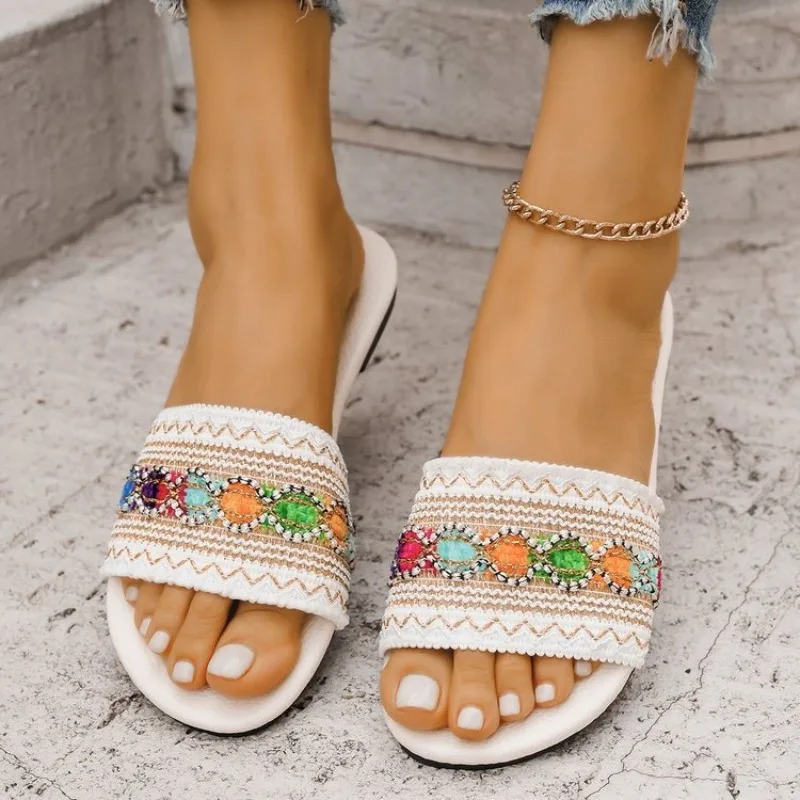 Low Shoes Woman 2025 Slippers Summer Flat Ethnic Slides Totem PVC Fabric Hoof Heels Round Toe Scandals Canvas PU Slippers Women