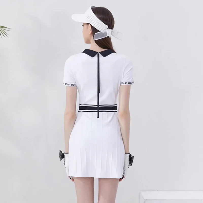 Spring and Summer Golf Tennis Dress for Women Korean Slim Waist Badminton Short Sleeved Polo Shirt Dresses Female Golf Skirt