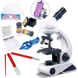 Microscópio ciência kit para crianças iniciantes com luzes led 80x 200x 450x ampliação suporte do telefone ciência brinquedos para estudantes