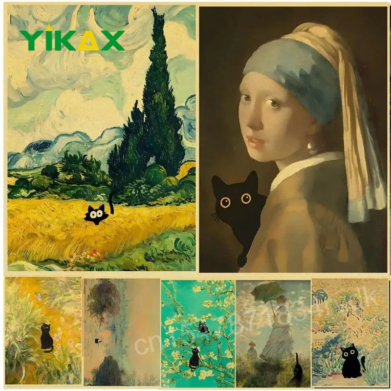 

Van Gogh Famous Artworks The Starry Night Black Cat Funny Posters Canvas Painting Masterpiece Reproduction Wall Art Home Decor