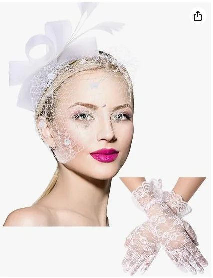 Set Completo Accessori Tea Party Donna - Cappello Fascinator, Guanti In Pizzo, Gioielli Di Perle, Per Feste Anni '20 - 6
