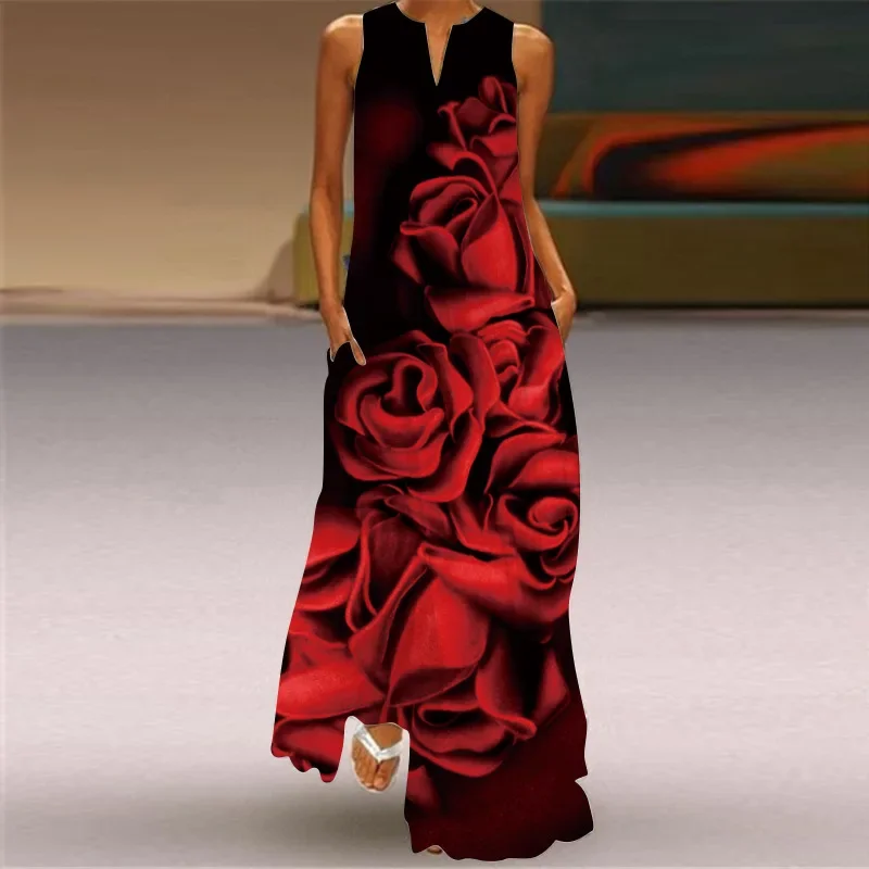

Evening Long Dress Women's Vestido V Neck Sleeveless Fashion Retro Sexy Elegant Leisure Street Maxi Robe Dress 2024 Fashion New