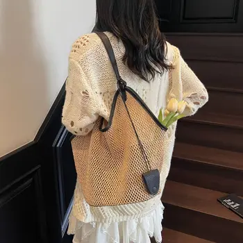 Borsa Tote in Paglia Traforata alla Moda, Borsa a Spalla Bohemien Grande Capacità, Borsa da Spiaggia Intrecciata Monocolore da Viaggio