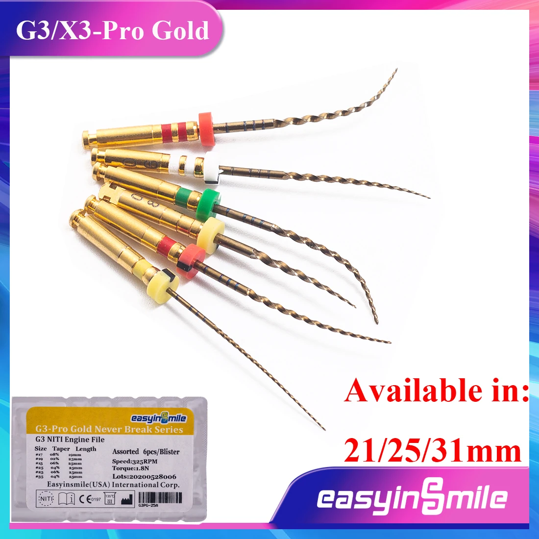 Easyinsmile 6pcs Endodontic Dental Endo Rotary Files X3/g3pro Gold