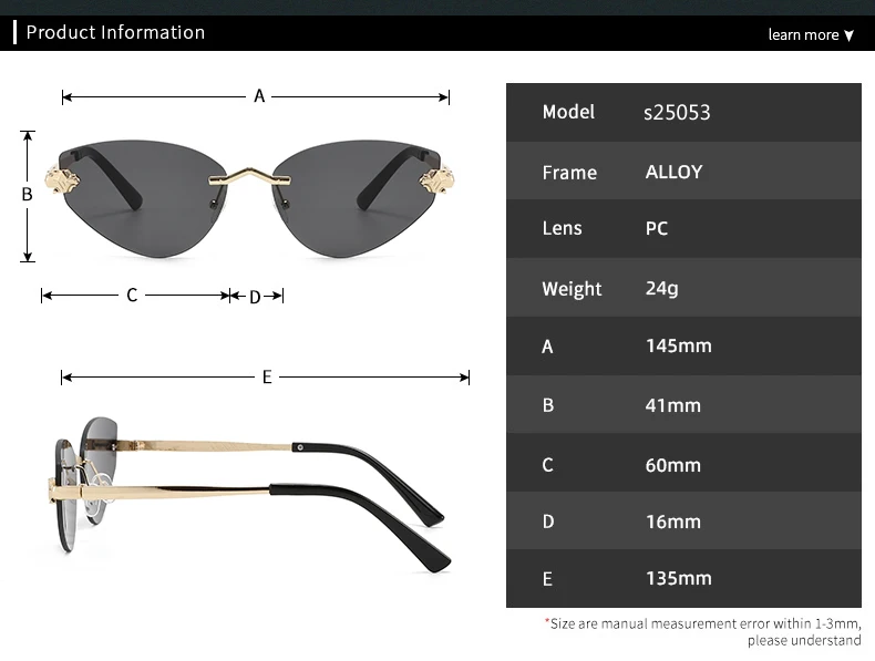 Women's vintage rimless Cat Eye sunglasses with alloy frame.