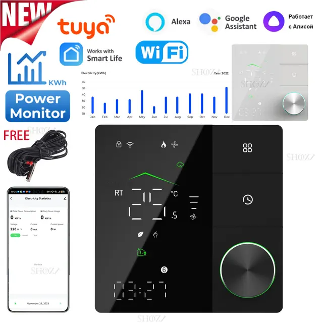 Tuya เทอร์โมอัจฉริยะ Wifi พร้อมระบบตรวจสอบพลังงาน, ควบคุมด้วยเสียงสำหรับระบบทำความร้อนใต้พื้นไฟฟ้าฟิล์มอินฟราเรด16A 1
