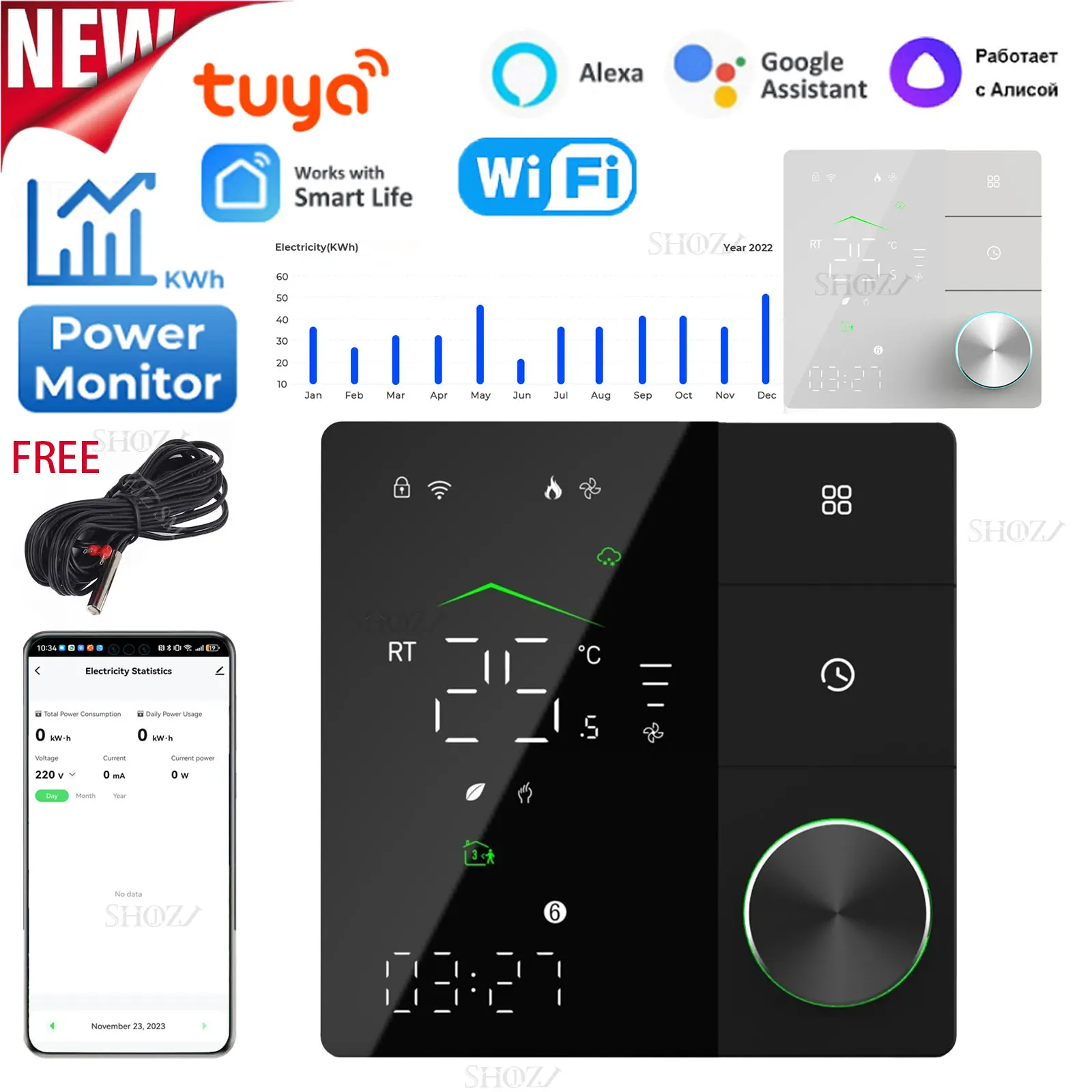 Nouveau Thermostat Intelligent Wifi de Tuya Avec Surveillance de la Consommation Électrique Pour le Système de Chauffage Par le Sol Électrique Infrarouge à Film 16a Est Compatible Avec la Commande Vocale D’alexa le