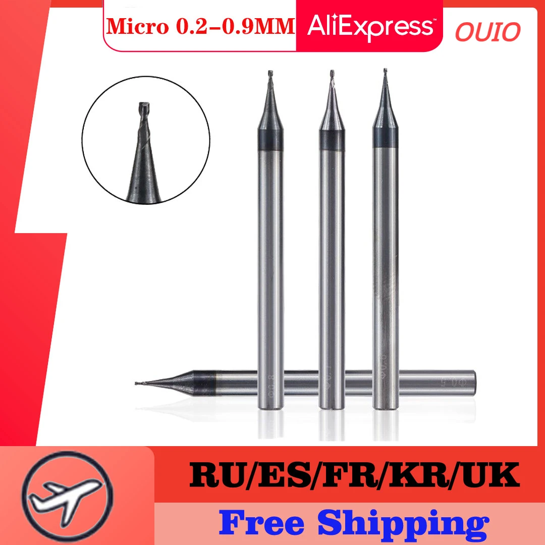 

OUIO High Quality 0.2-0.9mm Micro 2 Flutes Flat End Mill CNC Router Bit 4mm Shank Tungsten Carbide End Mill Mini Milling Cutter