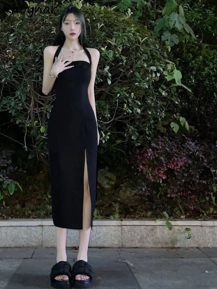 

Dresses Women Sexy Irregular Side-slit Halter Fashion Ulzzang Ladies Temperament Simple All-match Summer Slim Backless Classic