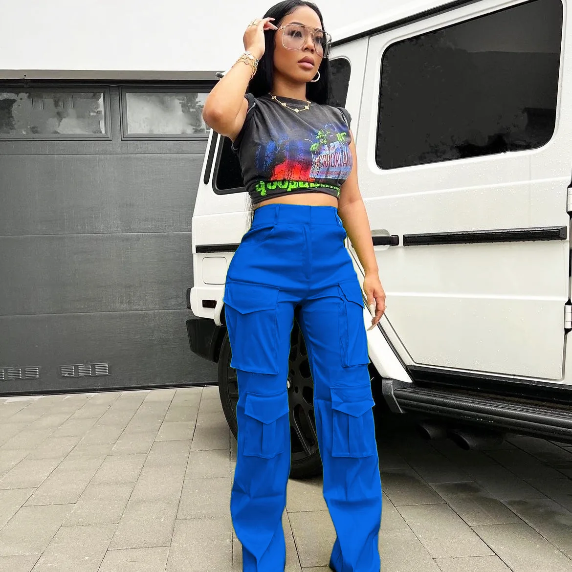Women Trousers Summer Fashion Multi-Pocket Elastic Straight Cargo Pants Lady Streetwear Loose Solid Color Casual Wide Leg Pants